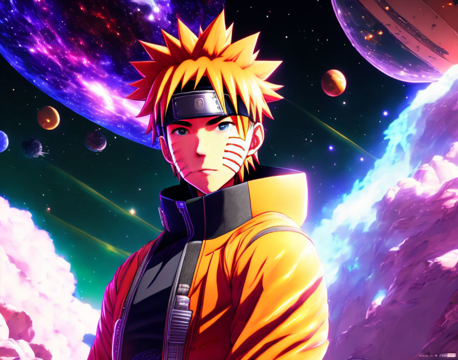 Anime character with blonde spiky hair, whisker marks, headband, cosmic backdrop