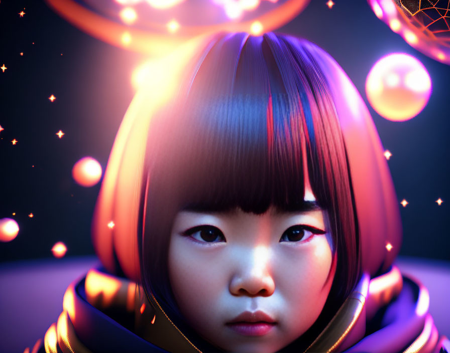 Young girl with glowing eyes in cosmic setting