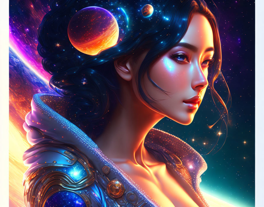 Cosmic-themed digital artwork of a woman with vibrant colors and celestial elements