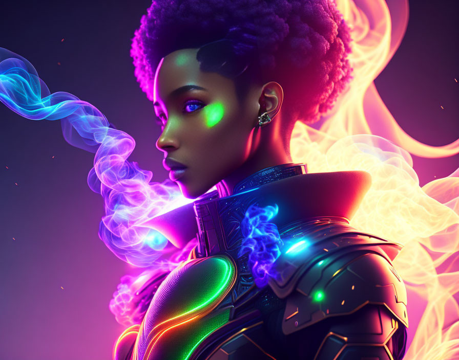 Woman with afro in futuristic armor, green eye makeup, amid colorful smoke