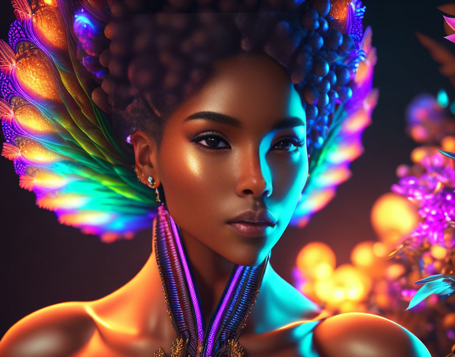 Vibrant feather-like adornments on glowing woman against dark backdrop
