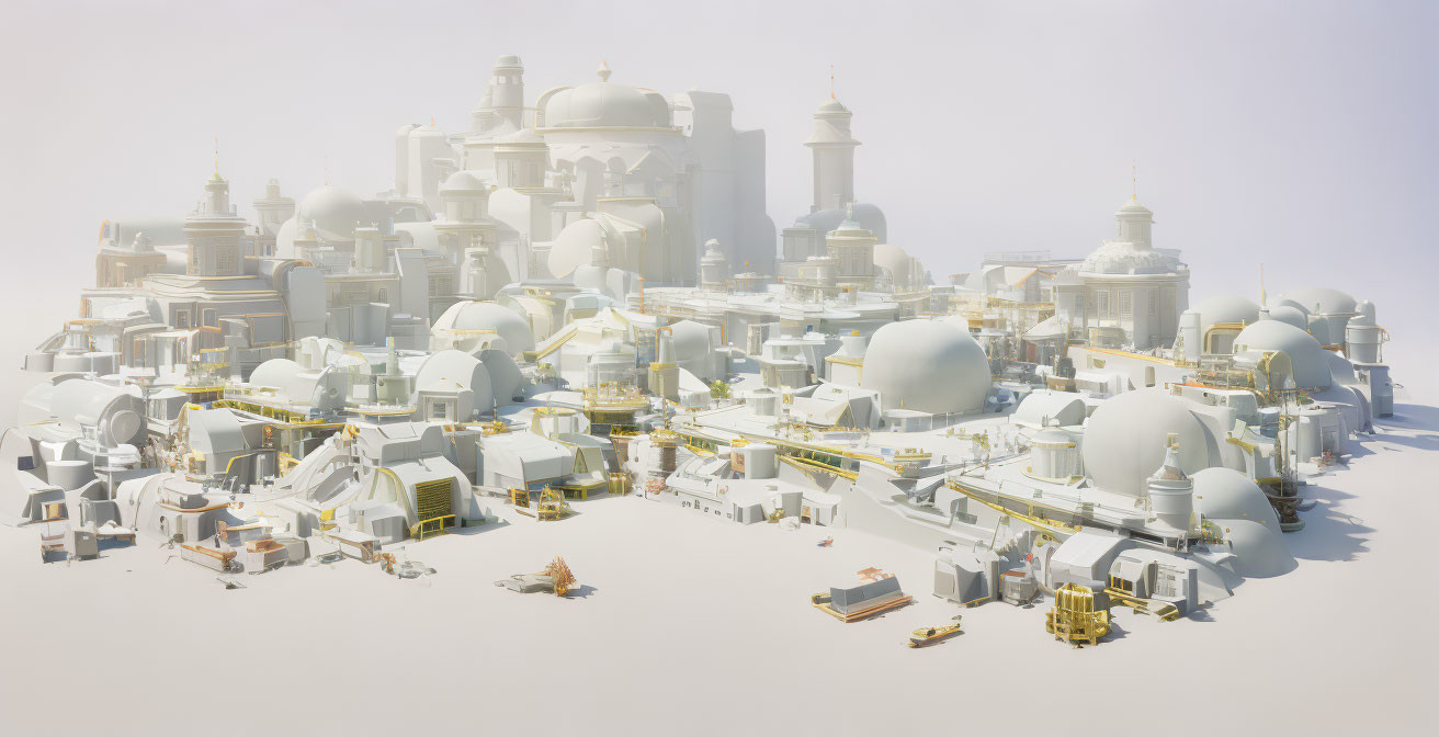 Futuristic cityscape with domes and towers in warm light