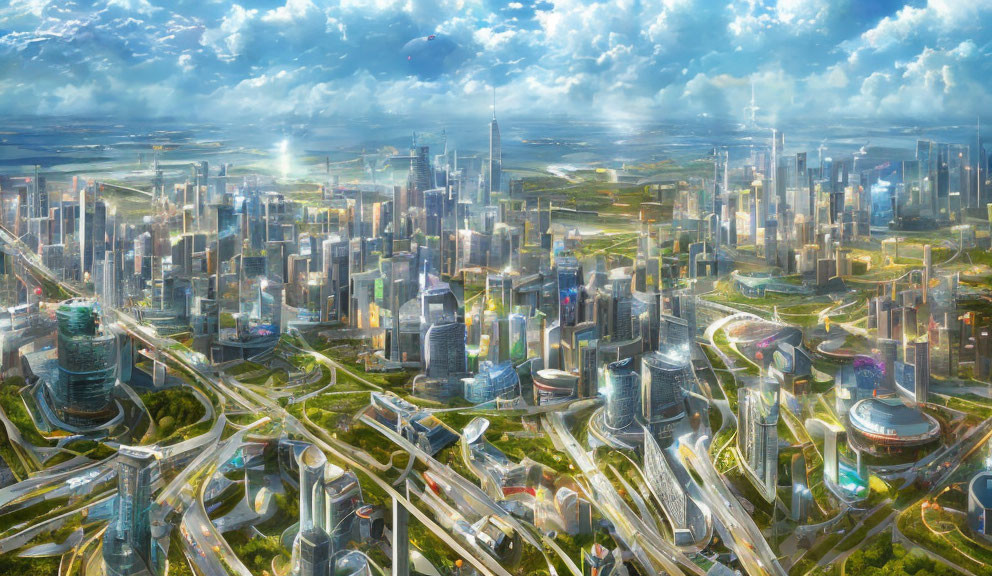 Futuristic cityscape with skyscrapers, highways, greenery, and floating vehicles