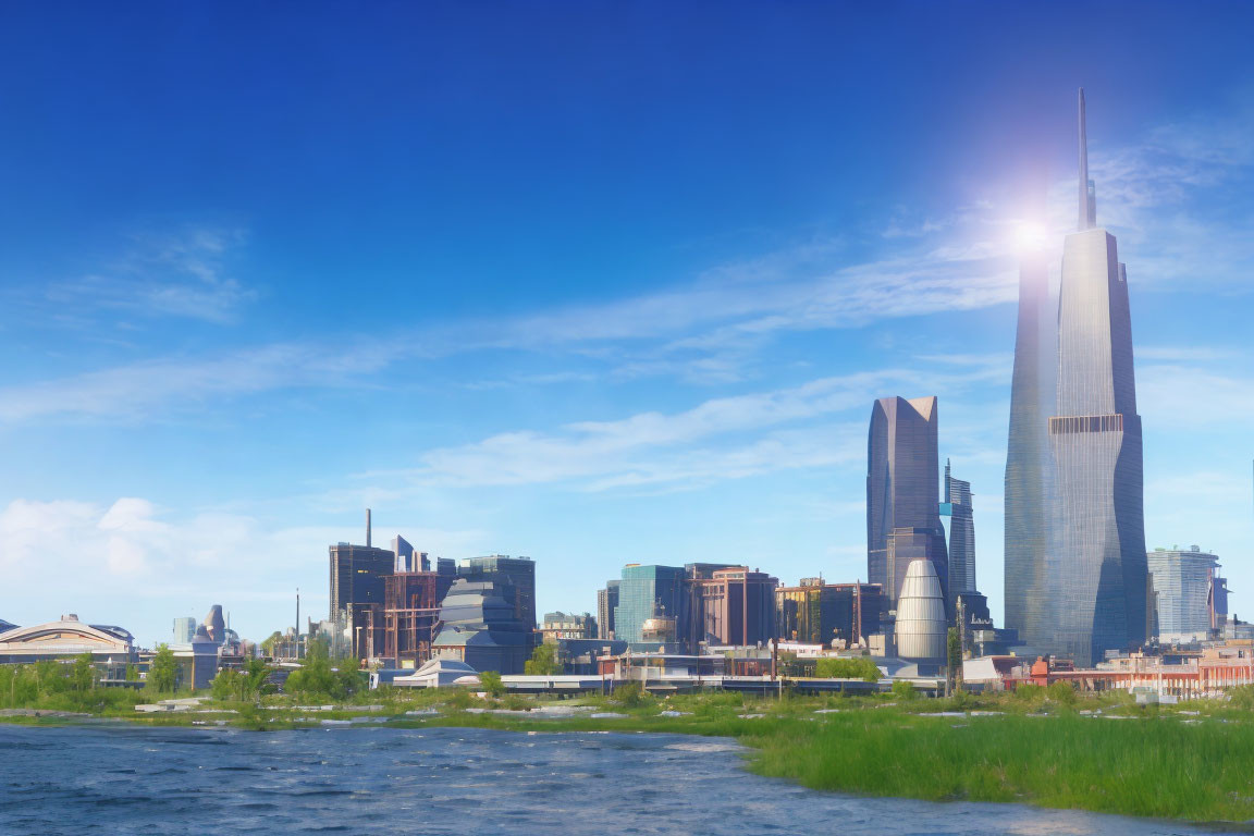 City skyline with skyscrapers, clear blue sky, sunlight reflecting off buildings, and water.