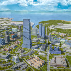 Futuristic cityscape with skyscrapers, highways, greenery, and floating vehicles