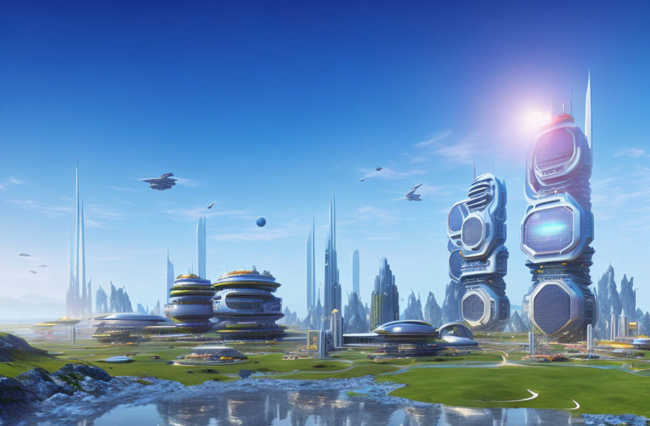 Futuristic Cityscape with High-rise Buildings and Flying Vehicles
