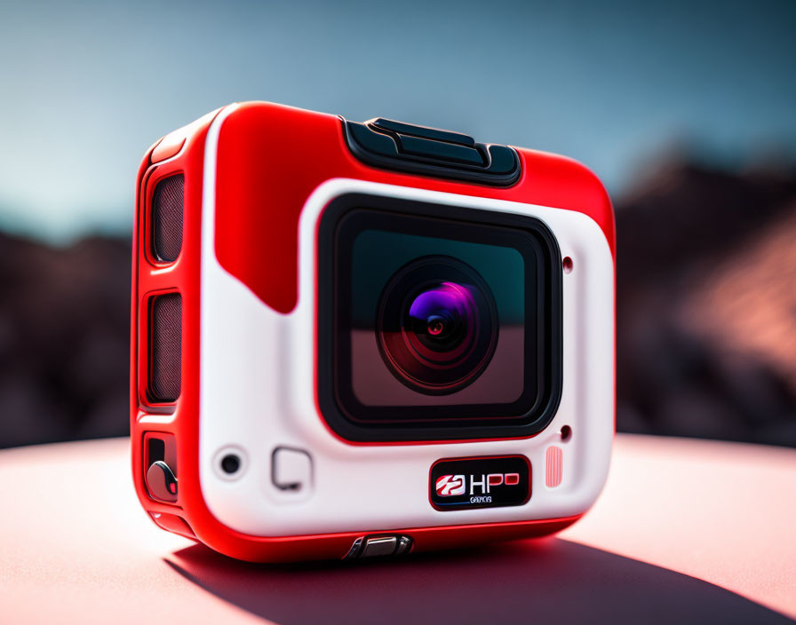Compact red and white action camera with wide-angle lens on blurred background