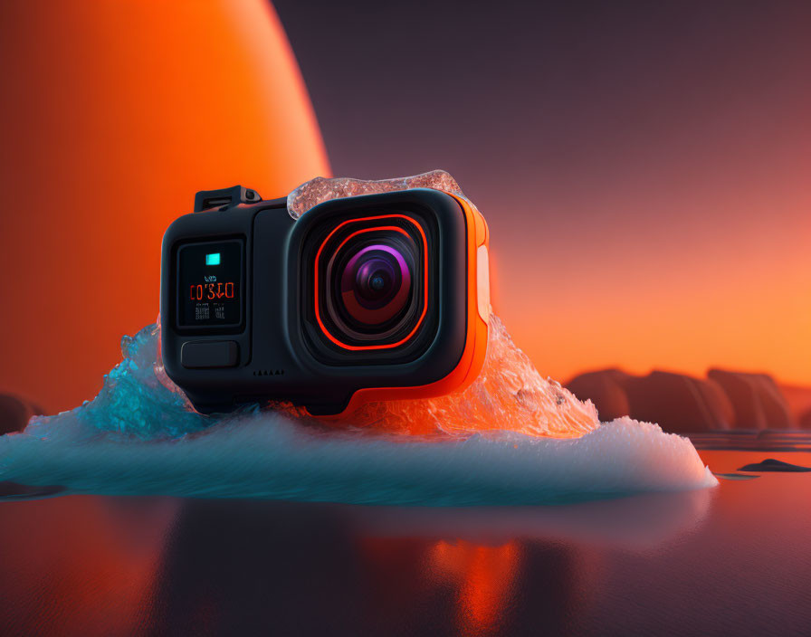 Vibrant lens action camera on ice under warm orange skies
