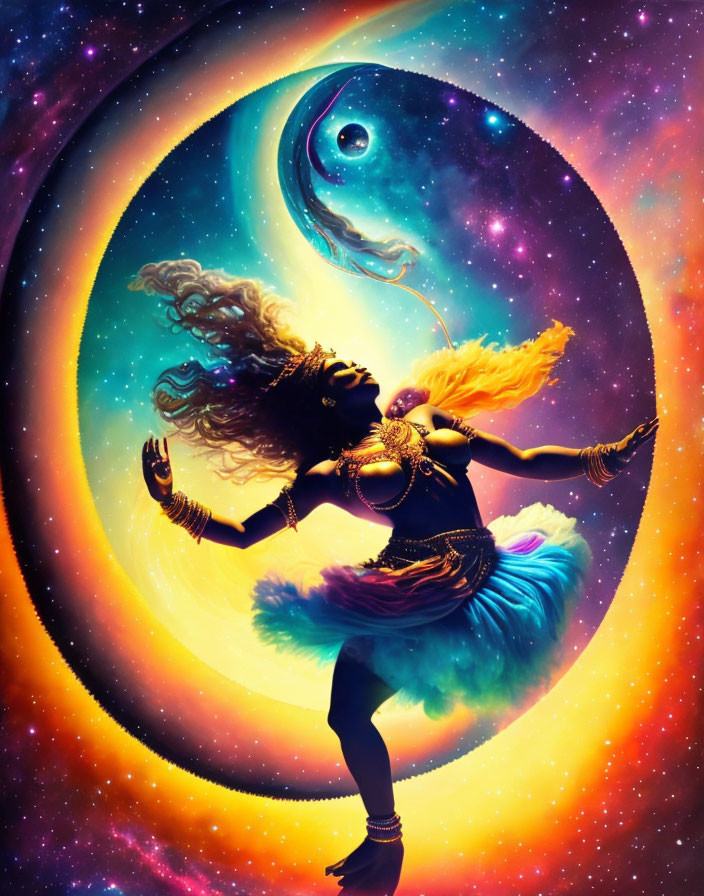 Colorful cosmic image of woman dancing with yin-yang symbol in starry setting