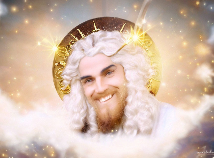 Stylized portrait of smiling figure with white hair and golden halo