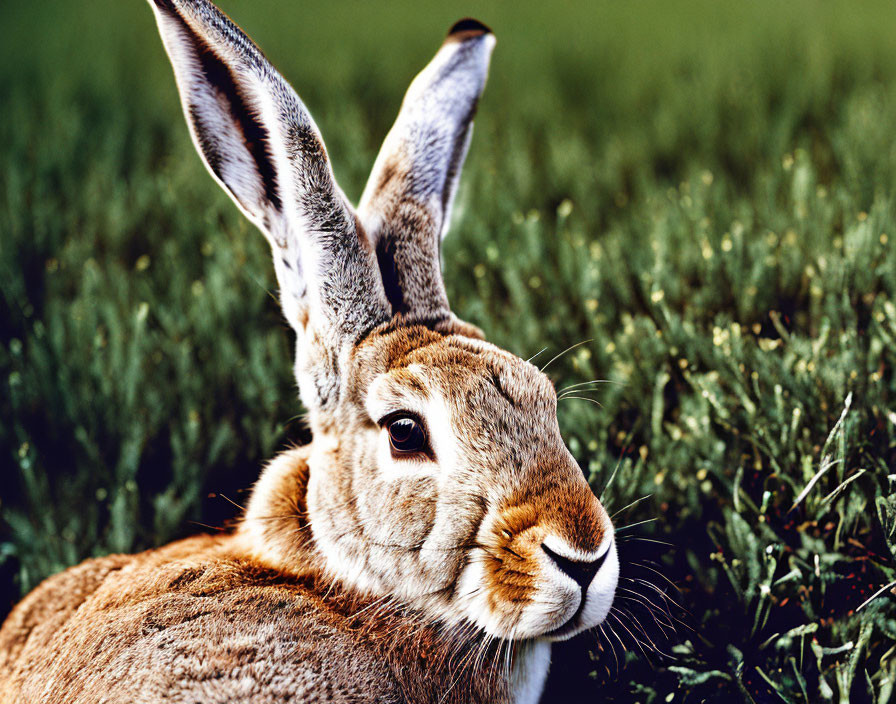 Brown rabbit with long ears on green grassy background