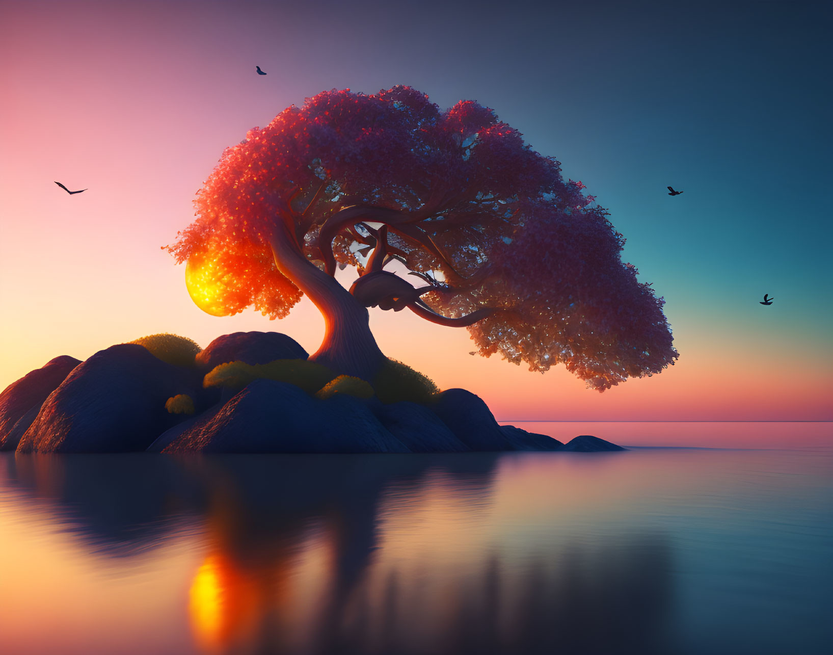 Tree, sea, sunrise