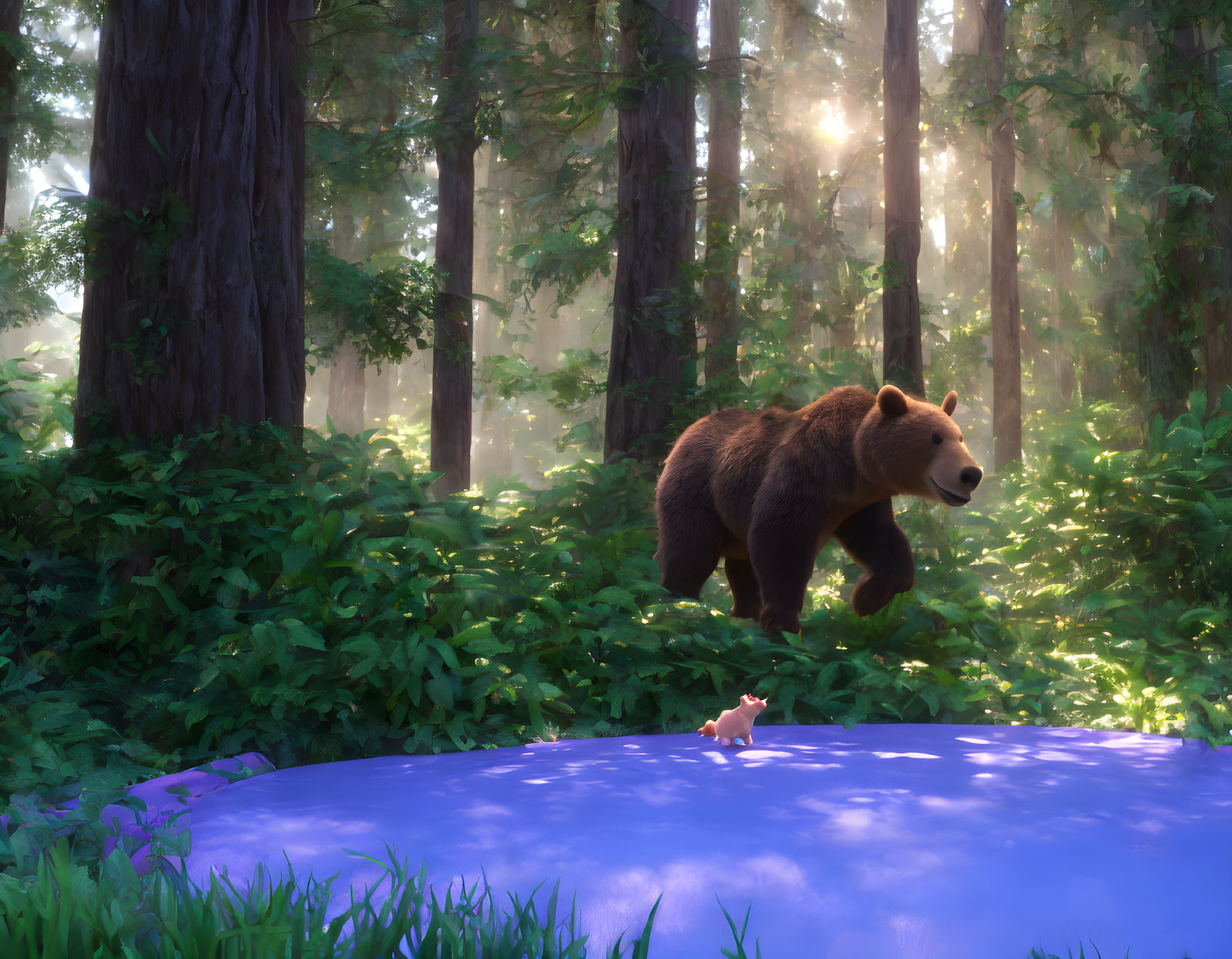 Bear and piglet by sunlit forest pond
