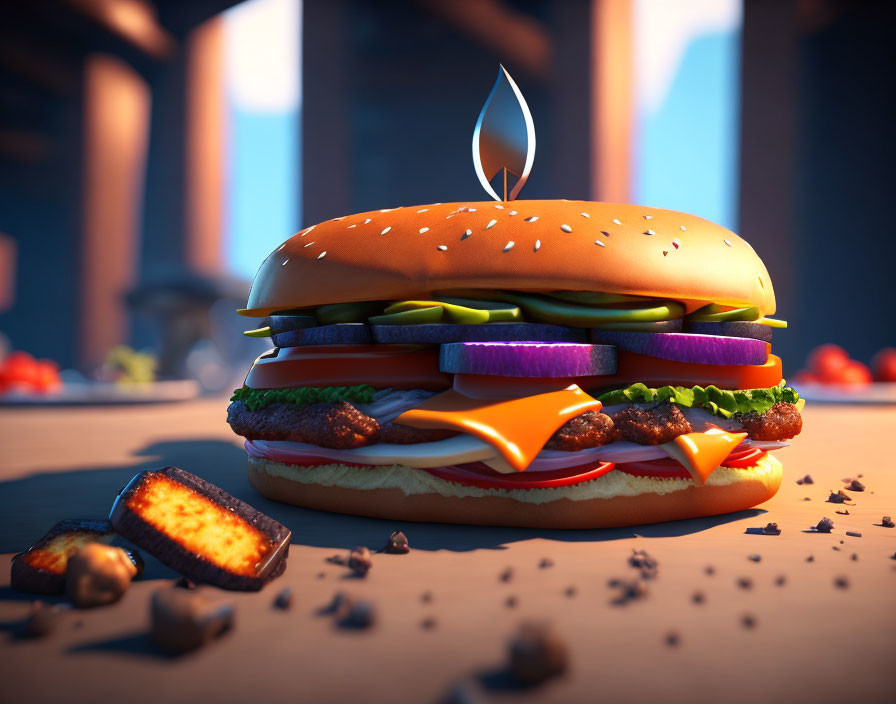 Stylized flame cheeseburger against urban backdrop with warm lighting