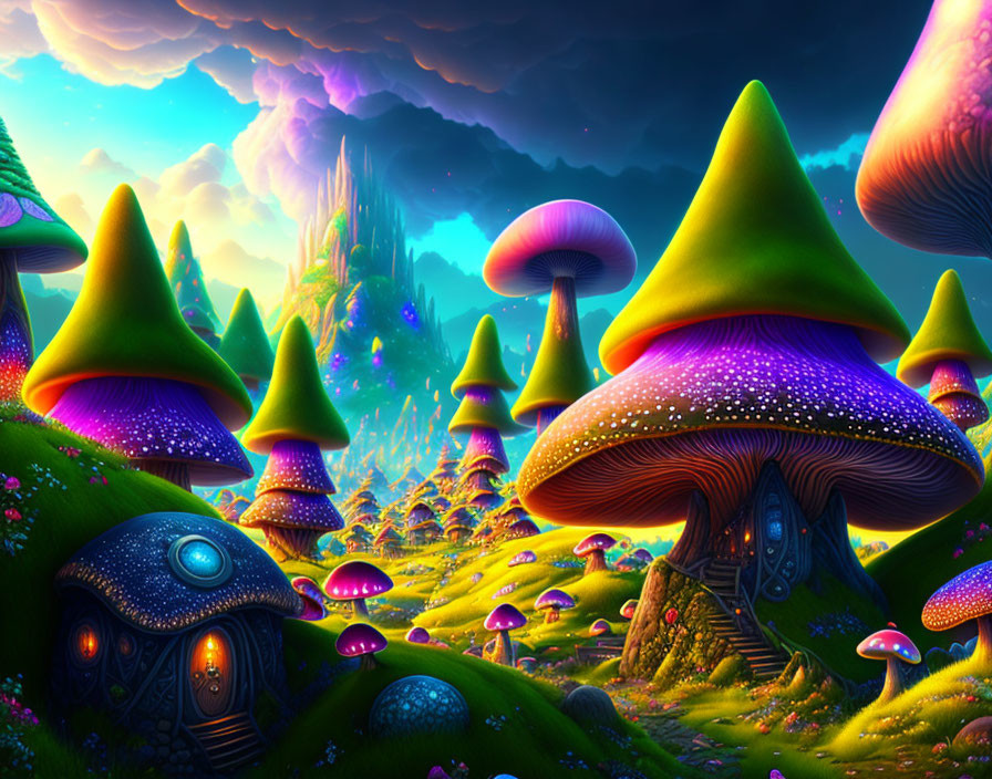 Colorful Fantasy Landscape with Giant Mushrooms and Glowing Flora