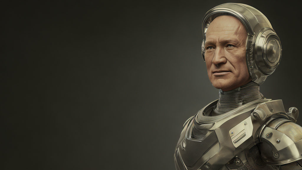 Futuristic male figure in high-tech armor on dark backdrop
