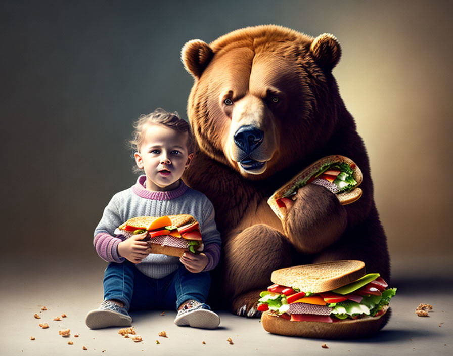 Toddler and bear with sandwiches in forest setting