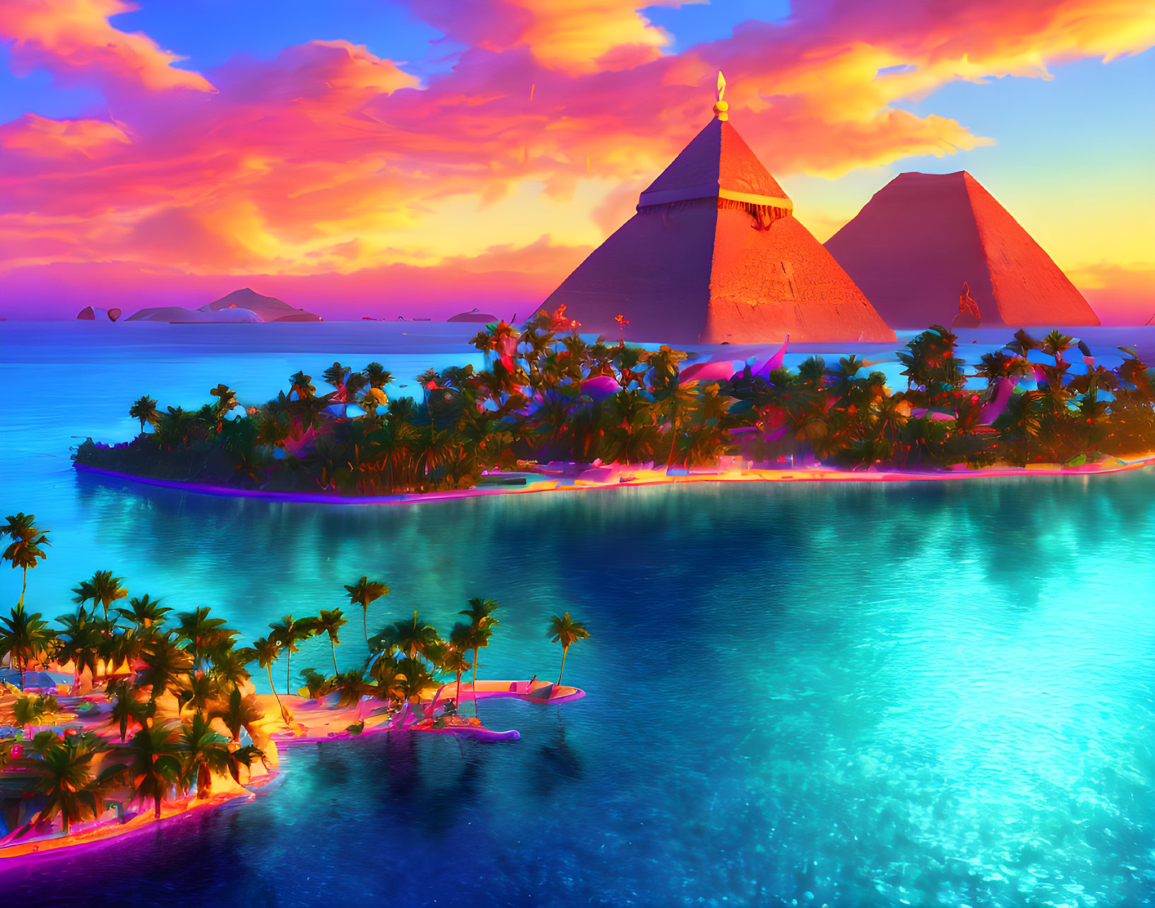 Tropical island sunset with two pyramids and palm trees