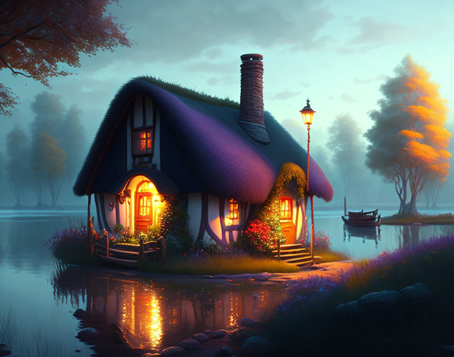 Painting of a whimsical cottage near the water