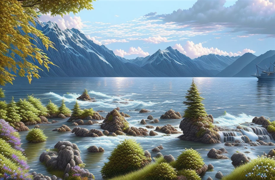 Tranquil landscape with waterfalls, pine trees, mountains, and lake