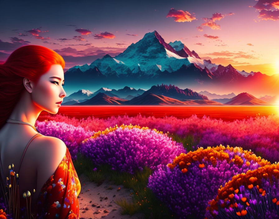 Red-haired woman admires vibrant sunset over mountainous landscape with colorful flowers.