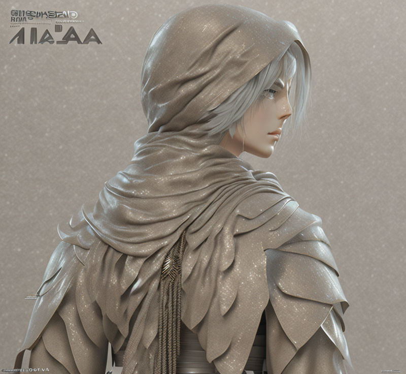 Digital artwork featuring character with silver hair and grey shawl, serene expression, intricate textures