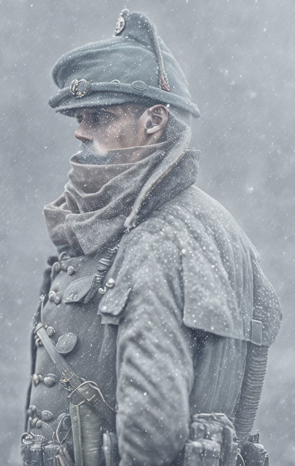 WWI-era soldier in profile with falling snow and solemn expression