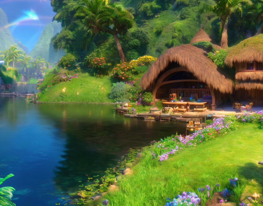Tranquil tropical village by serene lake and lush greenery
