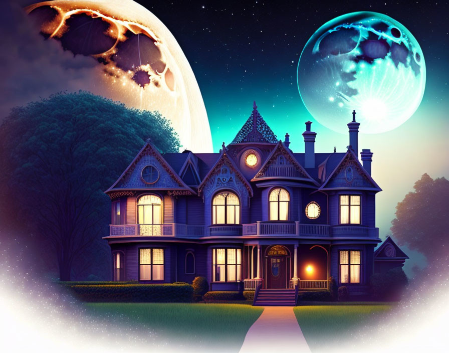 A Victorian House under a moon or two.
