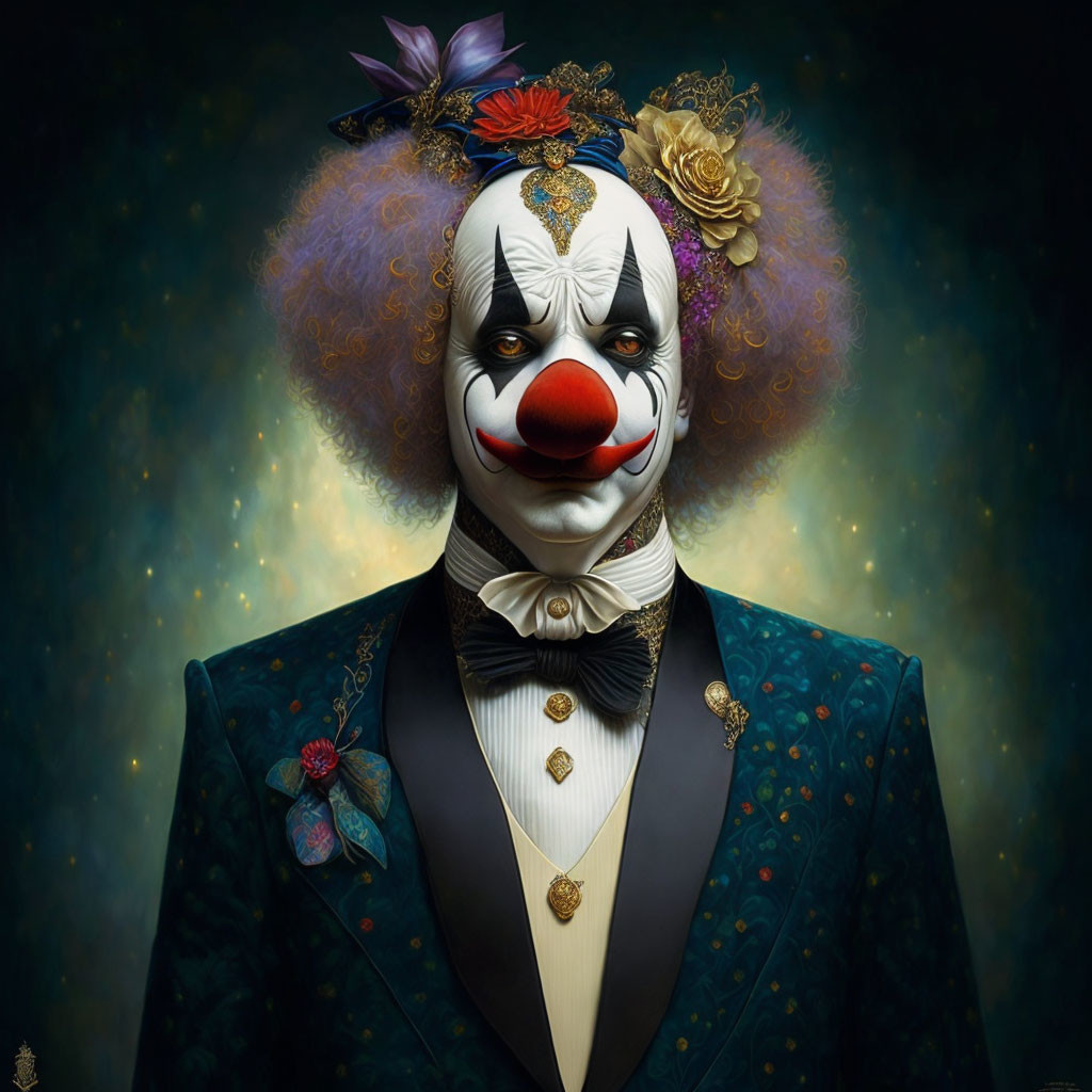 Creepy  clown dressed in tuxedo 