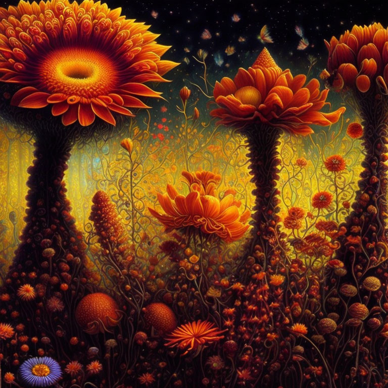 Colorful sunflowers in a glowing, starlit flower field