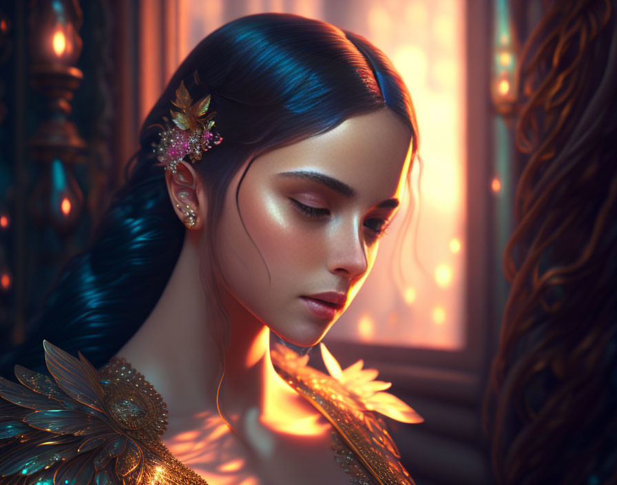 Digital artwork: Woman with blue hair and golden accessories in warm light