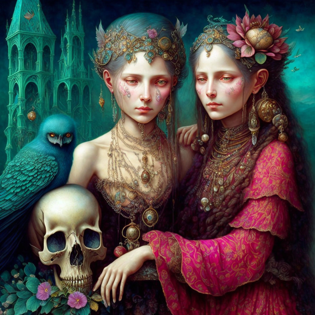 Two women  , one skull