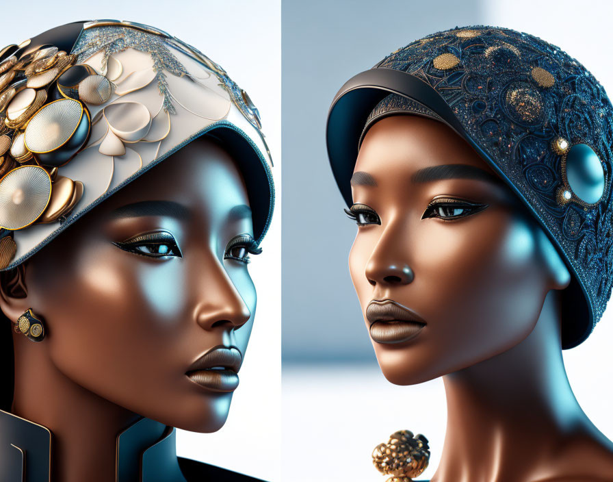 Stylized portraits of human-like figure with gold ornaments and intricate blue tones.