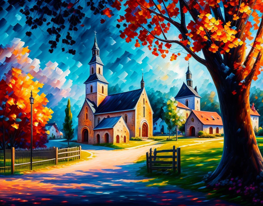 Autumn village painting with church and colorful trees
