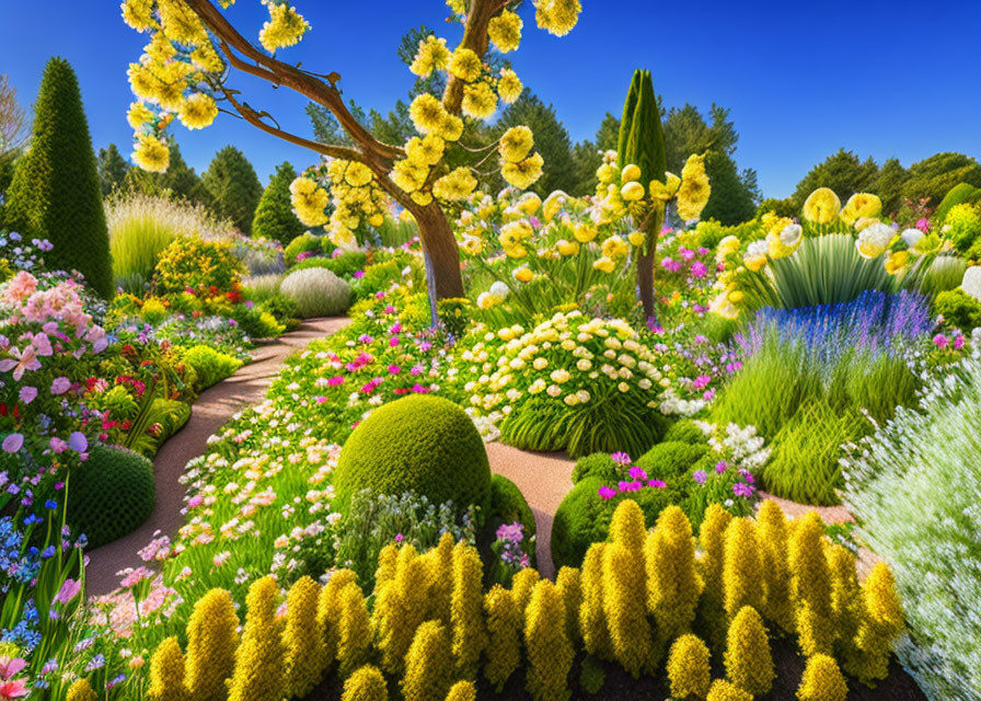 Lush garden path with yellow blooms and colorful flowers