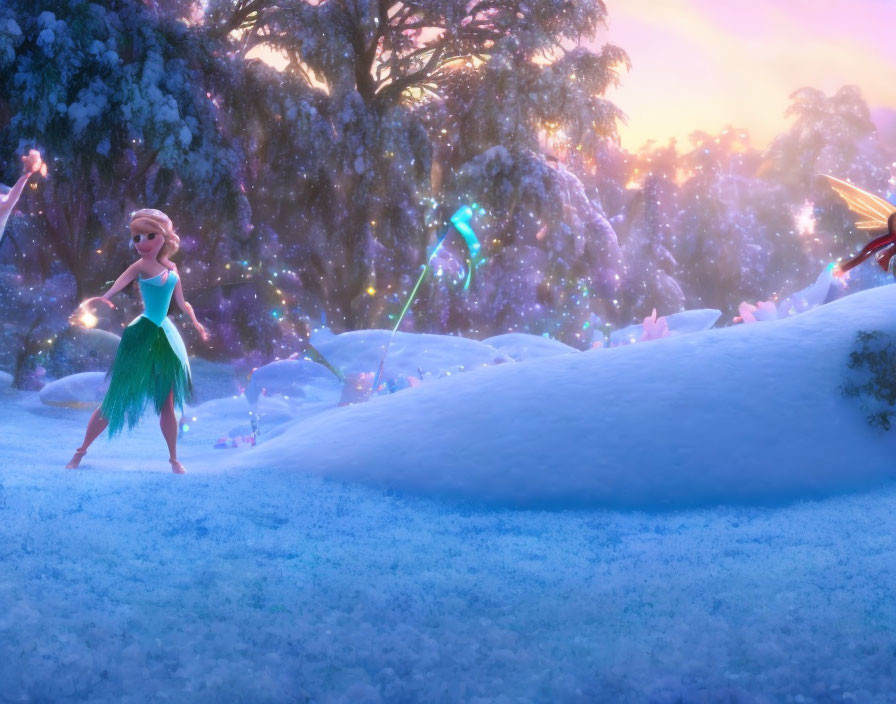 Blonde-haired animated character in green dress uses magic in wintry forest