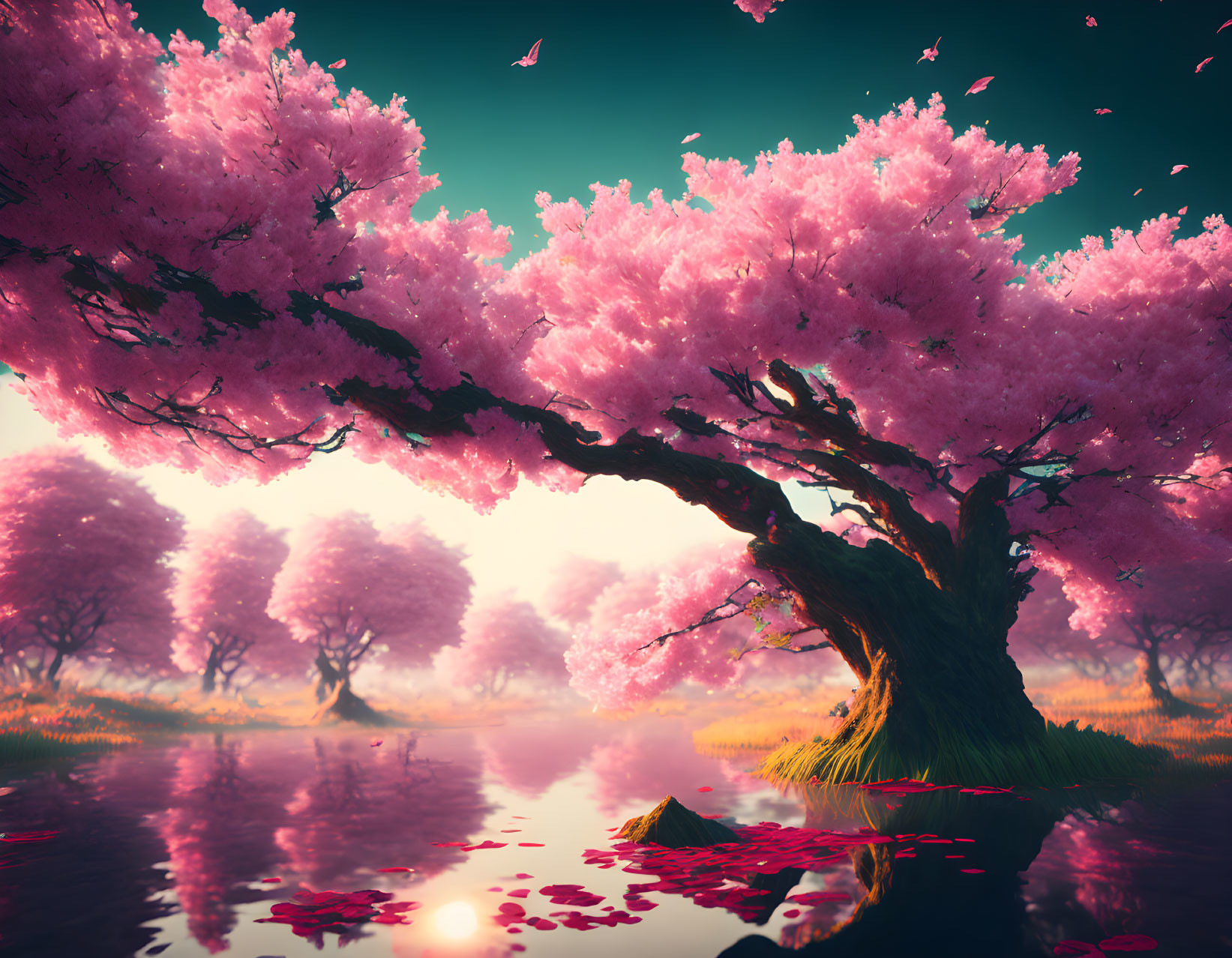 Tranquil landscape with majestic cherry blossom tree and vibrant pink flowers