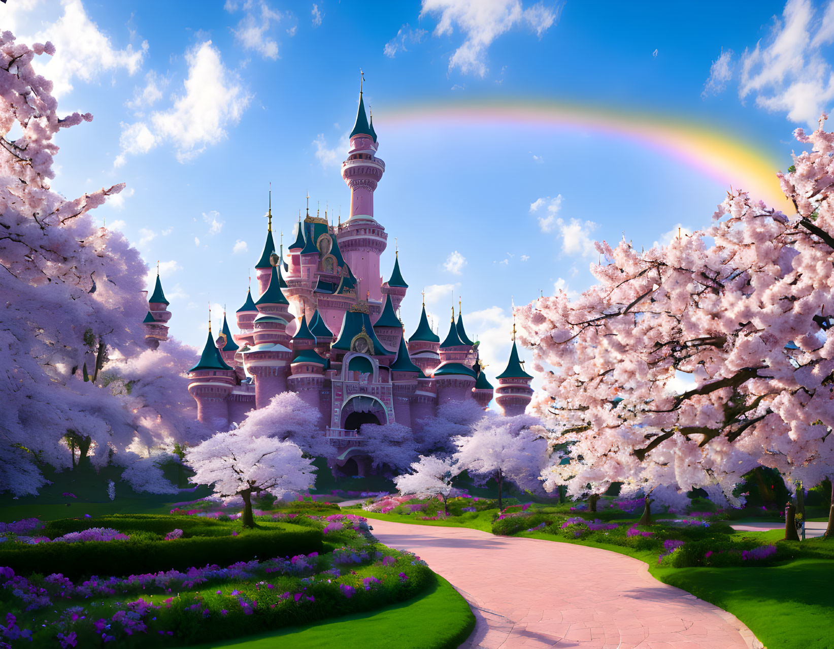 Fairytale castle with cherry trees and rainbow in blue sky