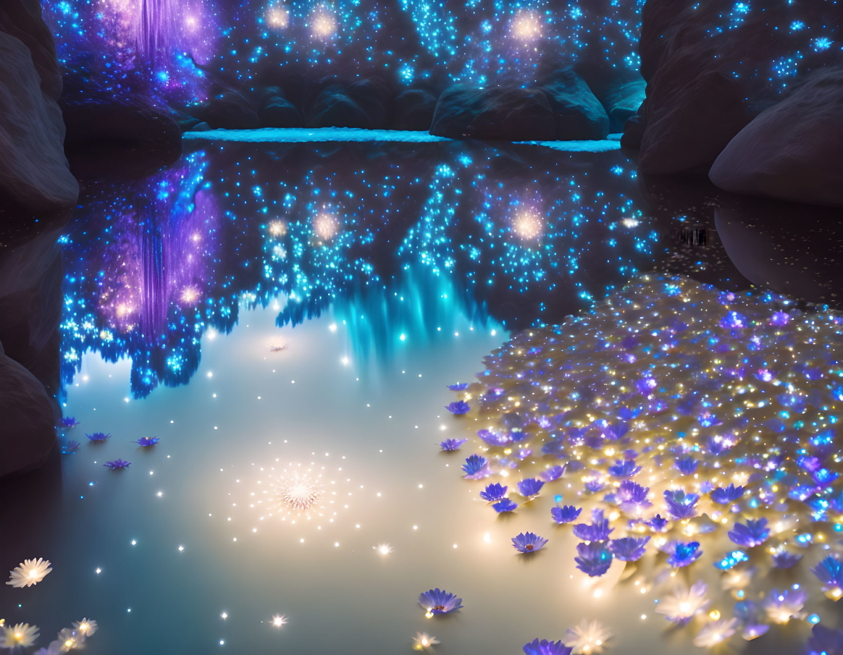 Mystical cave with glowing flowers and starry sky reflection