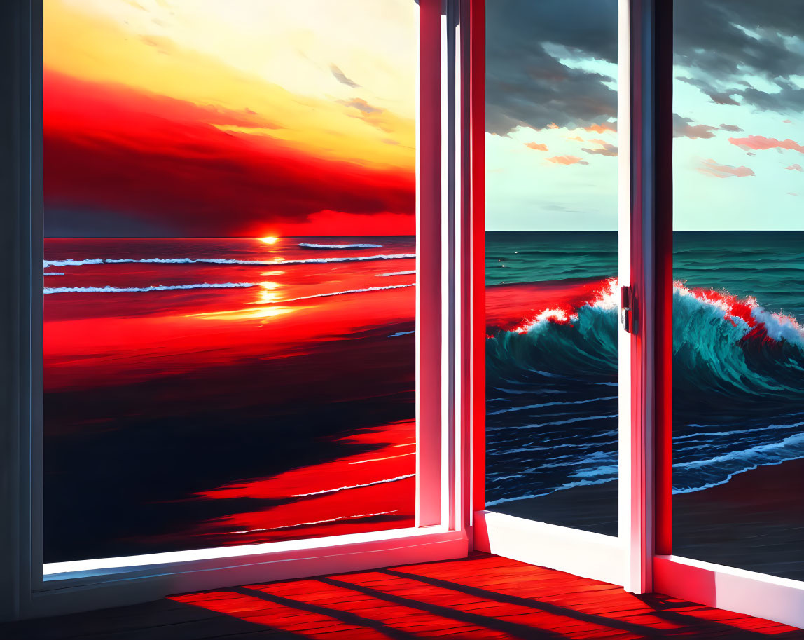 Colorful Digital Art: Open Window Sunset Illustration Over Ocean