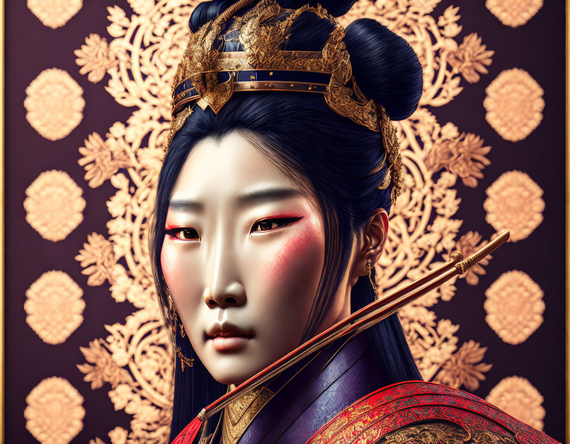 Asian woman portrait with traditional makeup and headdress on patterned background