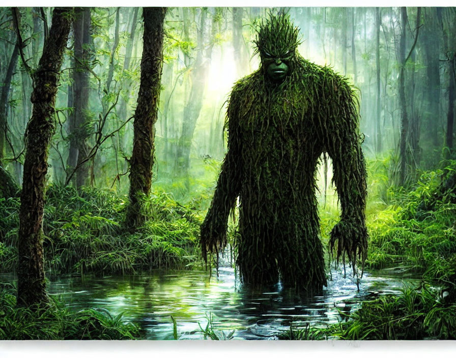 Moss-Covered Humanoid in Sunlit Swamp