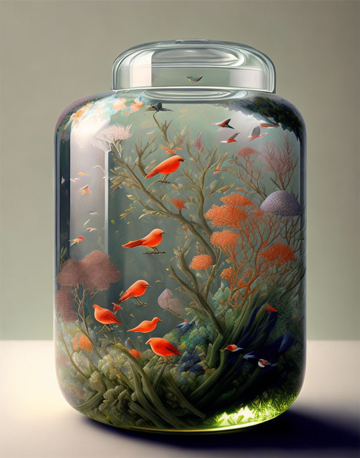 Birds, algae, and corals in a bottle