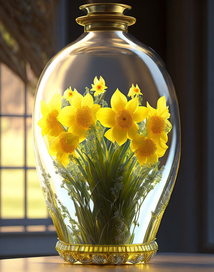 Transparent vase with golden base and yellow daffodils in sunlight