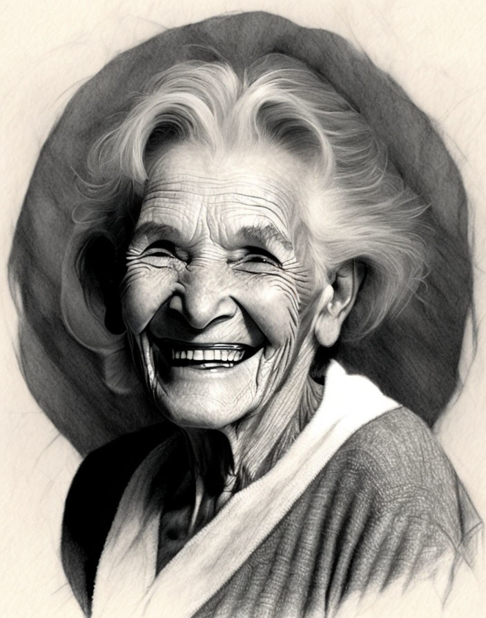 Elderly woman with white hair and broad smile in black and white pencil sketch