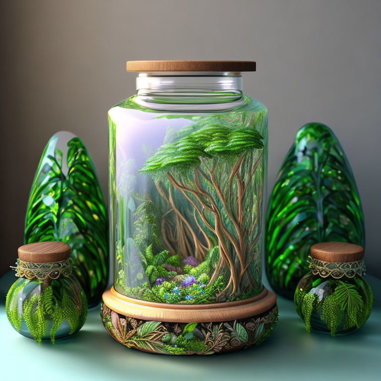 Glass jar terrarium with greenery, wood details, and decorative plant motif glass eggs.
