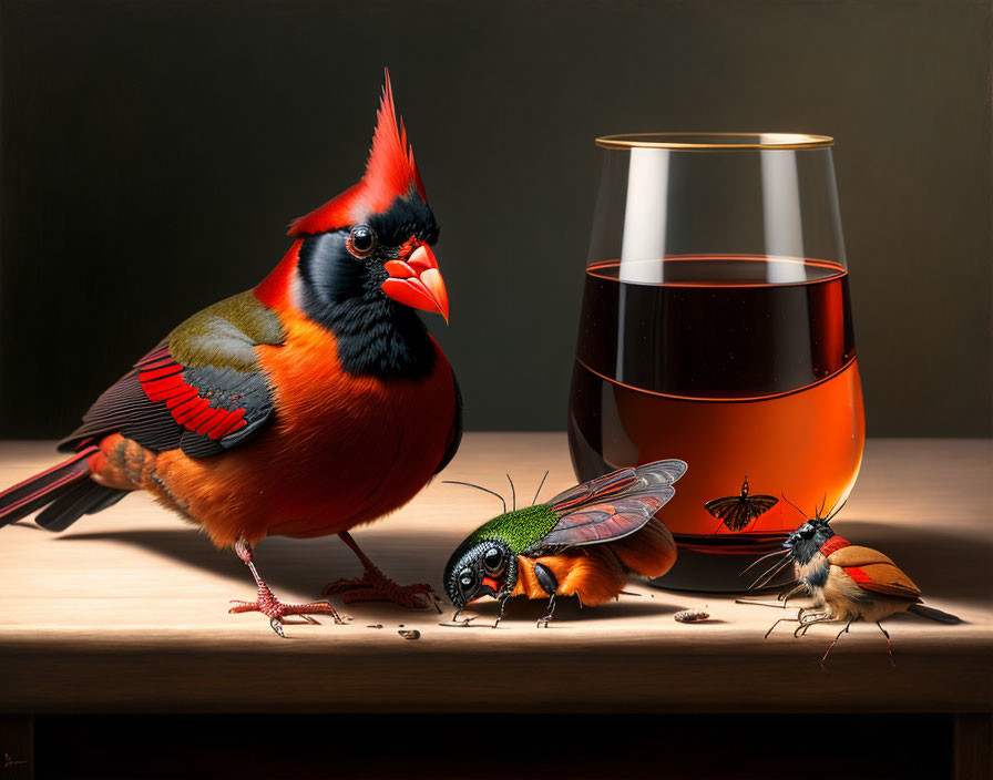 Still life with a Northern cardinal and insects