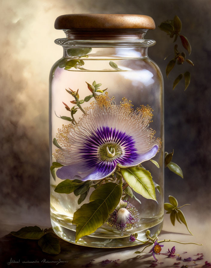 Digital painting of glass jar with blooming passionflower in water