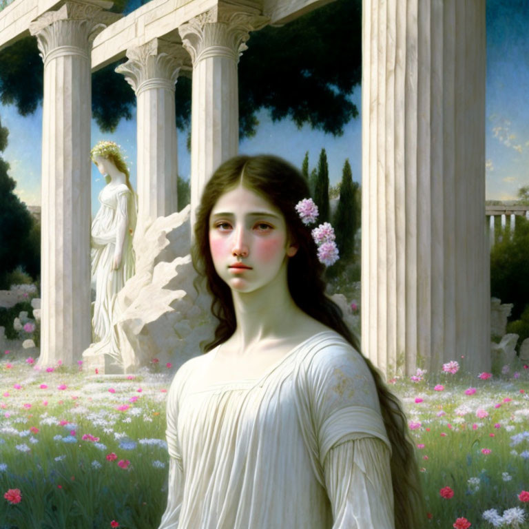 Young woman in white dress in flower field with classical pillars and statue - serene ancient atmosphere
